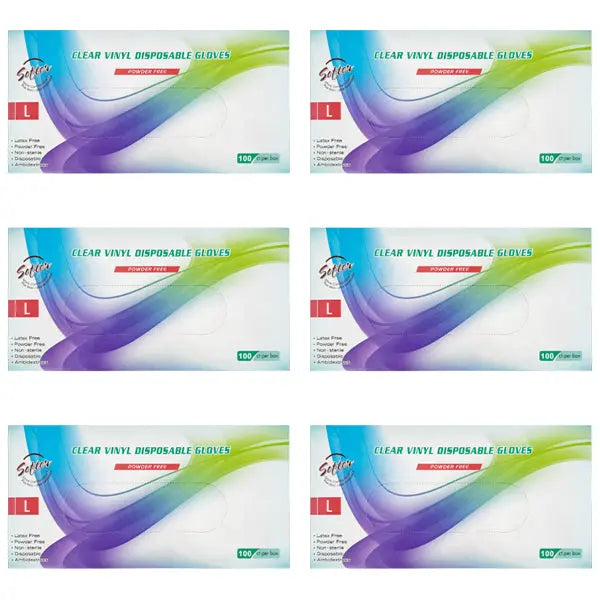 Six boxes of Unbranded 6 Pack - Clear Vinyl Powder-Free Large Disposable Gloves, 100 ct each, are arranged in two rows of three on a white background.